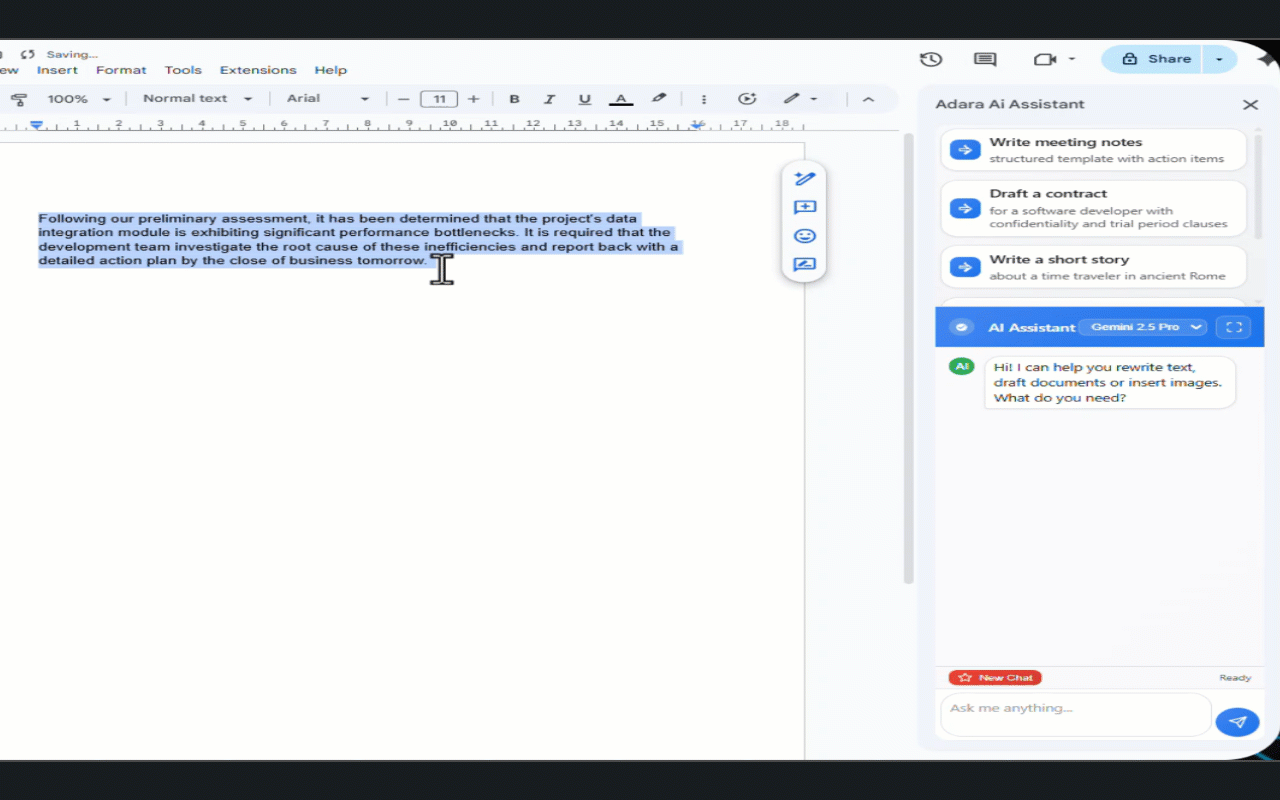 Adara AI Assistant sidebar inside Google Docs showing writing templates.